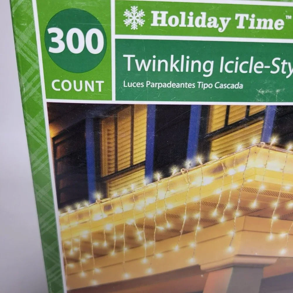 Holiday Time Twinkling Icicle Christmas Lights 17.7 ft 300ct Clear w/ White Wire